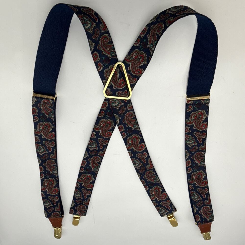 Vtg CAS Suspenders WGermany Paisley Blue Red Stretch Adjustable Leather Brass